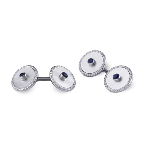 18ct White Gold Mother of Pearl Cufflinks with Sapphire Centre - Deakin & Francis - EB London