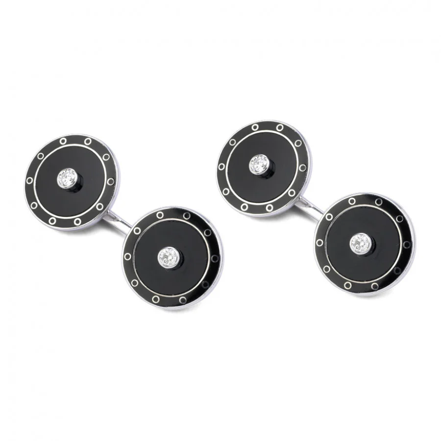 18ct White Gold Onyx Cufflinks with Diamond Centre - Deakin & Francis - EB London