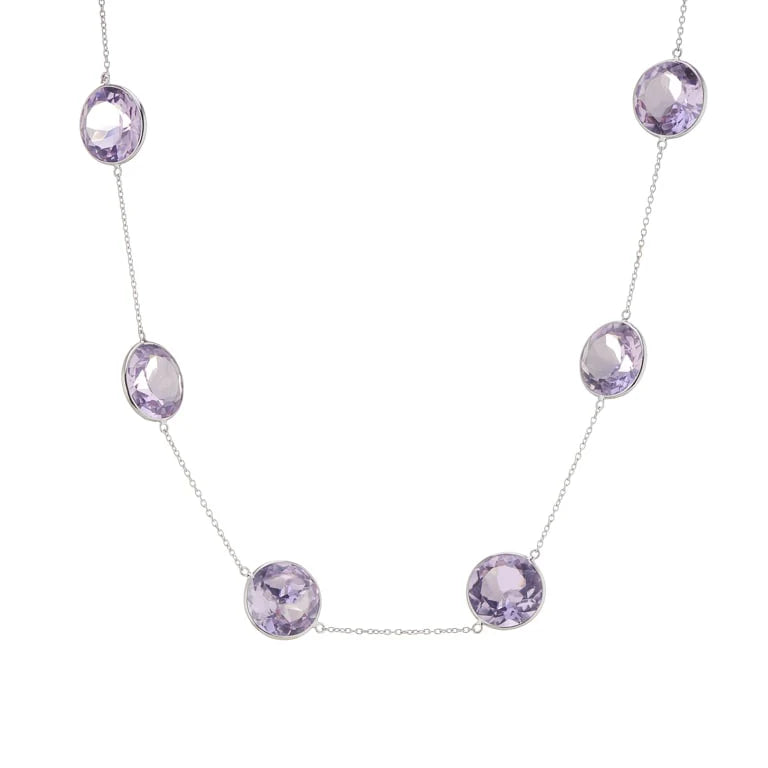 white gold necklace with eight pale purple amethyst gemstones by Deakin & Francis at EB London