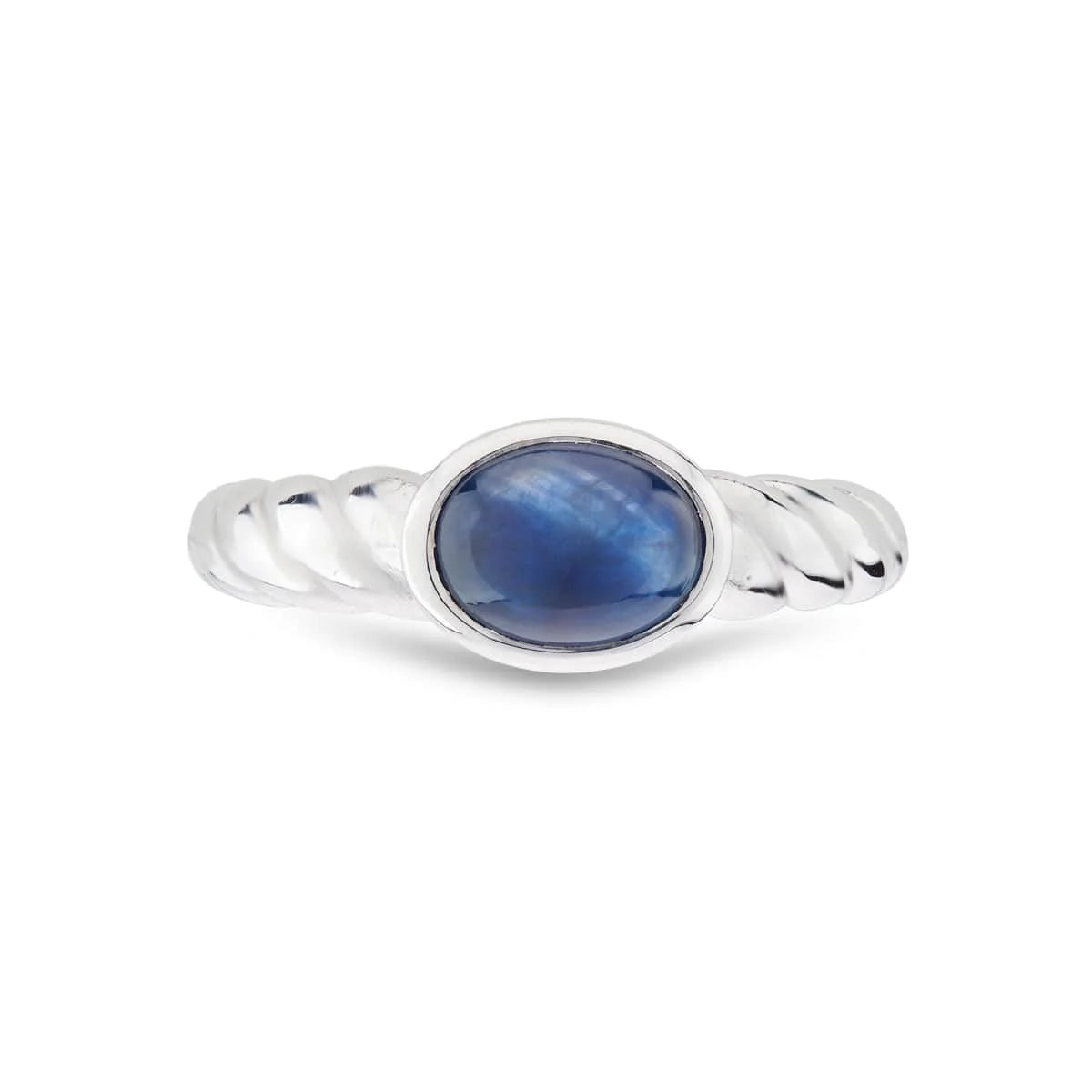 18ct white gold ring with cabochon sapphire and twist detail shoulders by Deakin & Francis at EB London