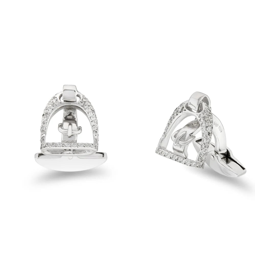 18ct White Gold Stirrup Cufflinks with Pavé Diamond Border - Deakin & Francis