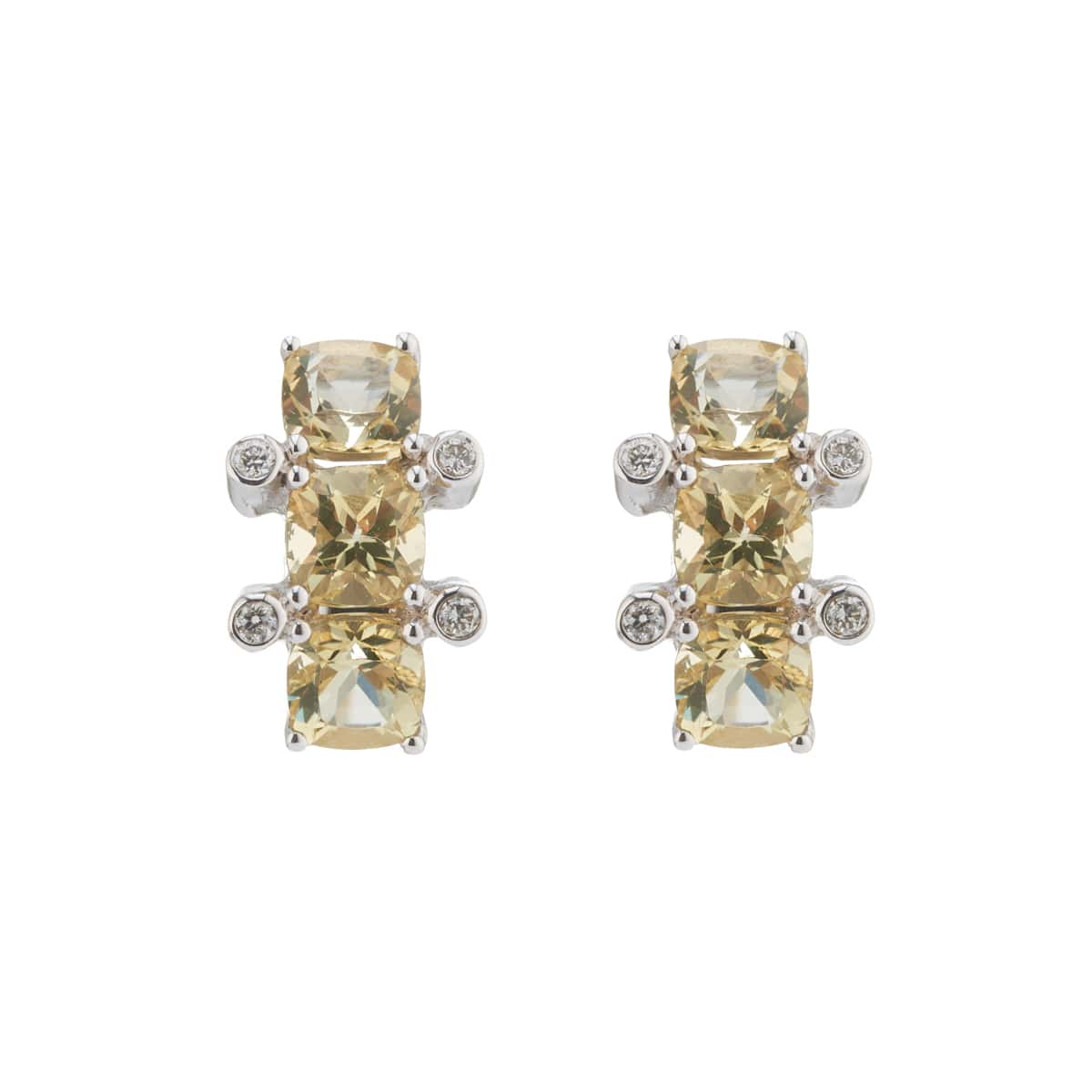 18ct white gold half hoop earrings with three cushion shape yellow beryl gemstones and diamond accents by Deakin & Francis at EB London