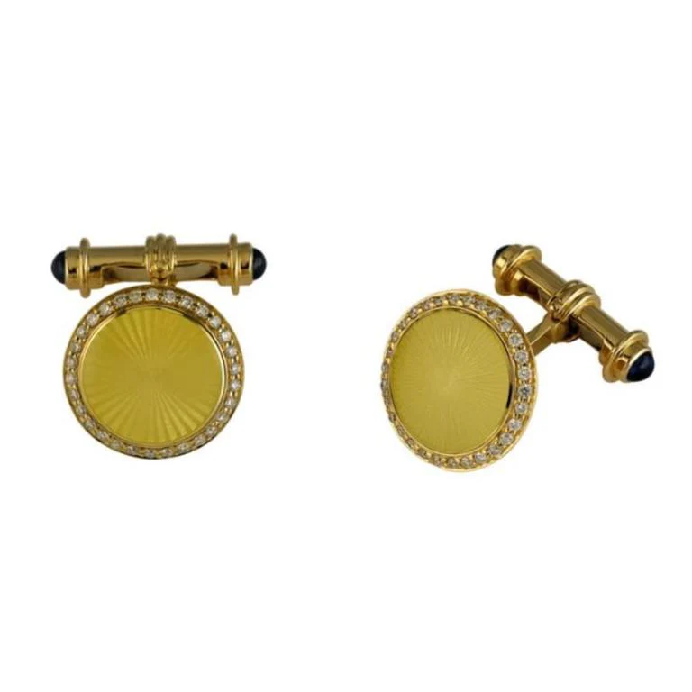 18ct Yellow Gold Cufflinks with Diamond Border & Sapphire Dumbbell Reverse - Deakin & Francis - EB London