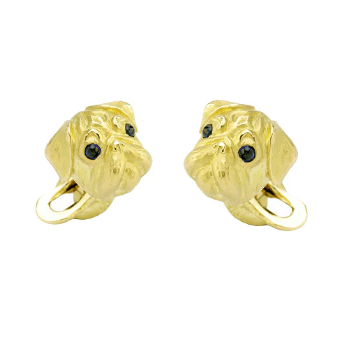 18ct Yellow Gold Pug Cufflinks with Sapphire Eyes - Deakin & Francis - EB London