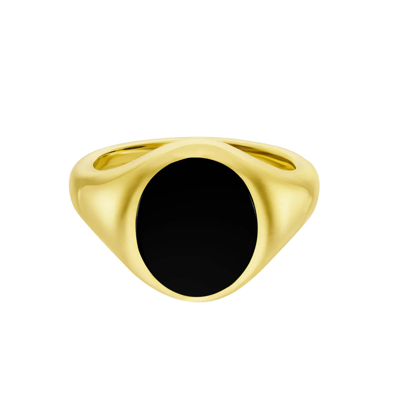 Deakin & Francis yellow gold black onyx signet ring, 12x10mm deep black stone, handcrafted in Birmingham, at EB London