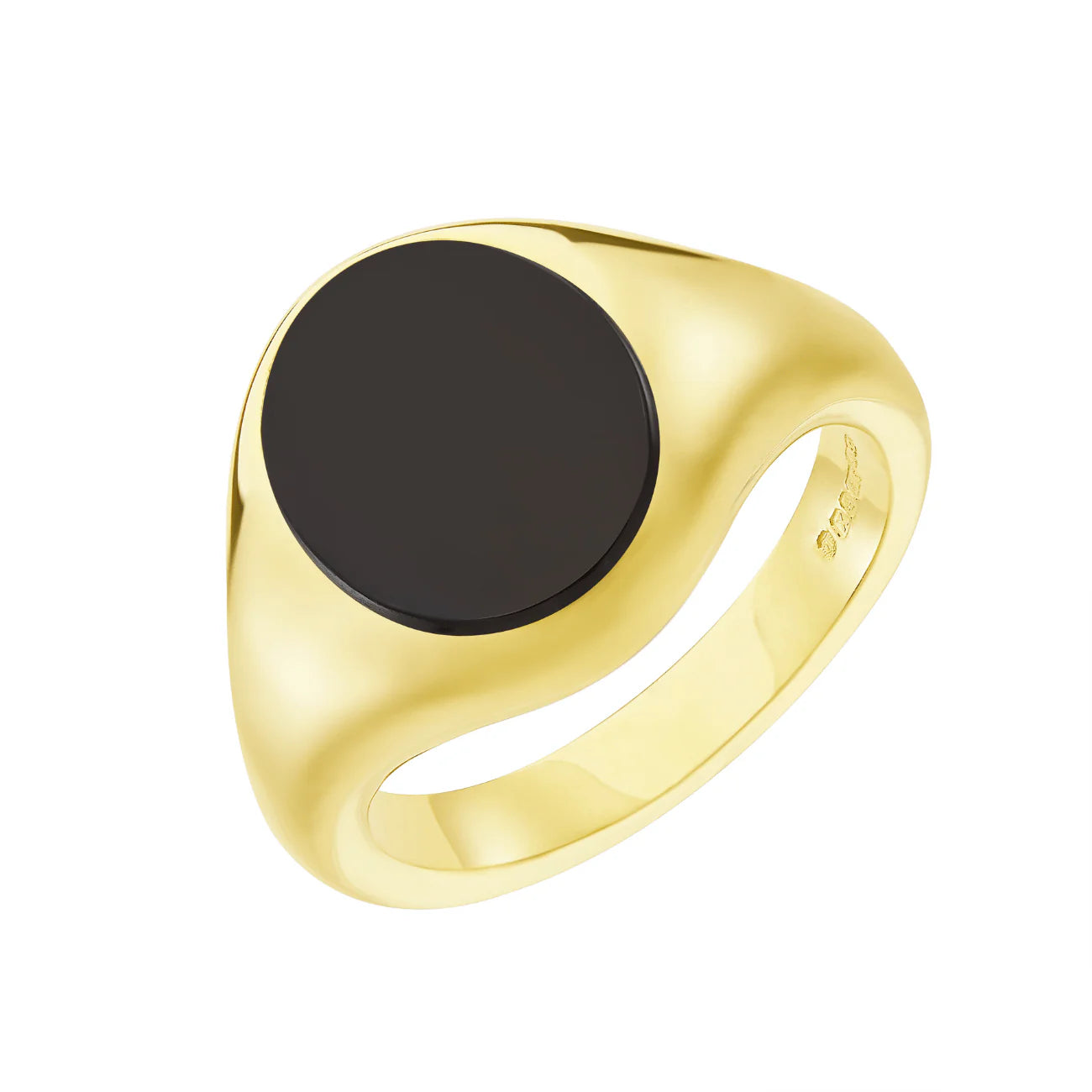 Deakin & Francis yellow gold black onyx signet ring, 12x10mm deep black stone, handcrafted in Birmingham, at EB London