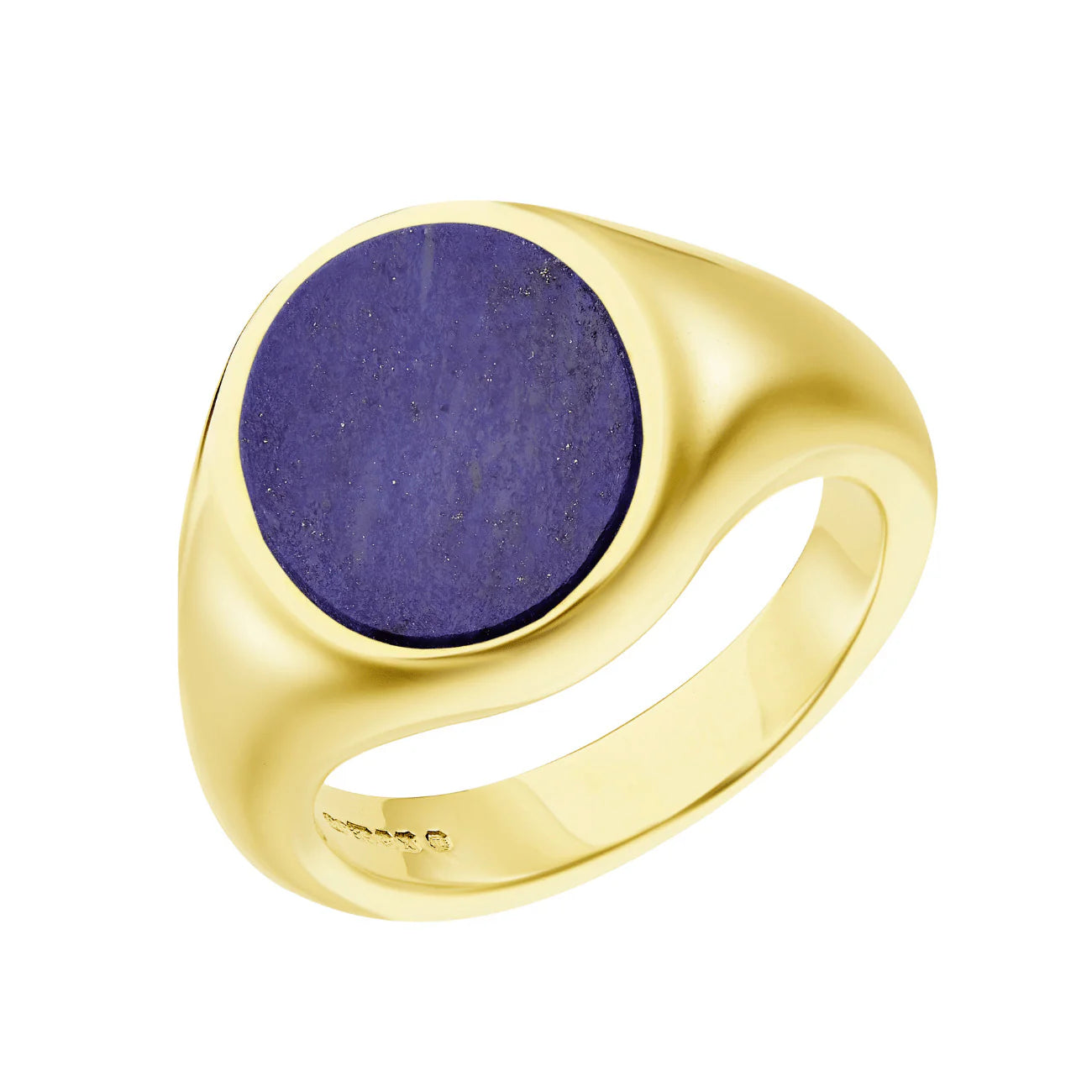 Deakin & Francis yellow gold lapis lazuli signet ring, 12x10mm deep blue stone with golden pyrite, handcrafted in Birmingham, at EB London