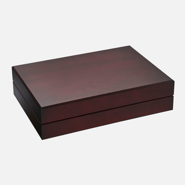 EB London Yorkshire Cutlery Canteen in natural mahogany with navy velvet interior, closed view, crafted by Carrs Silver, England